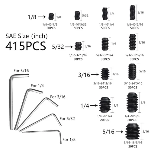 Vista 2 de Juego de 1000 piezas surtidas de tornillos métricos + SAE, juego de tornillos Allen de cabeza hexagonal interna con punta en copa, tornillos