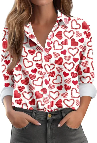 Vista 32 de Camisetas de San Valentín para mujer, camisas con botones, blusas de corazón, elegantes, informales, cuello de solapa, manga larga, suave, cómoda