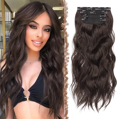 Vista 18 de FESHFEN Extensiones de cabello con clip - 4 piezas Extensiones de cabello sintético ondulado largo y grueso con clip para cabeza completa