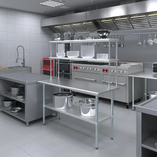 Vista 5 de Mesa de trabajo de acero inoxidable con estante ancho de doble nivel Combo de mesa de preparación de cocina y estantes de metal