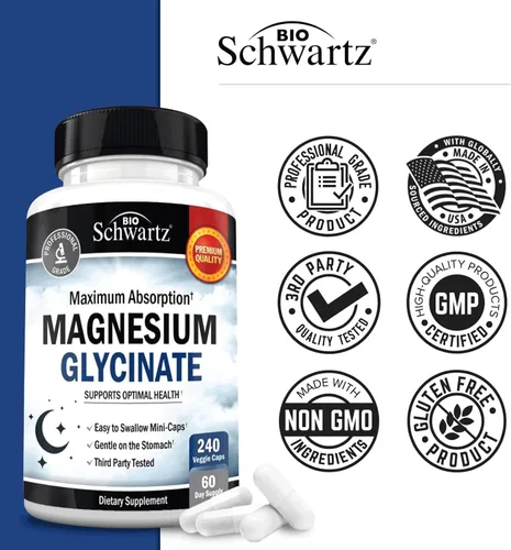 Vista 7 de BioSchwartz Cápsulas de glicinato de magnesio de alta absorción de 500 mg (suministro para 2 meses) más complejo de vitamina B con vitamina C