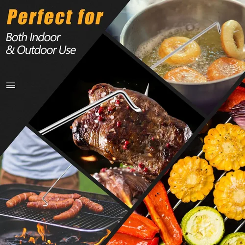 Vista 2 de Ganchos volteadores de acero inoxidable para asar, para carne, barbacoa, cocina, accesorios de parrilla con mango de madera para asar y ahumar
