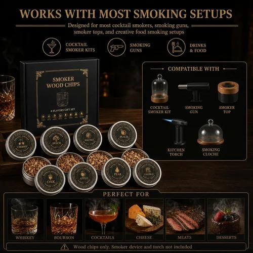 Vista 6 de Chips de madera para ahumar cócteles y whisky, juego de repuesto de chips de madera de 8 sabores en latas de aluminio para kit de ahumador