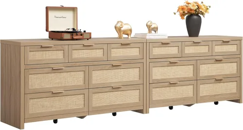 Vista 10 de SICOTAS Cómoda de 7 cajones para dormitorio, cómodas de ratán de 57" de ancho, cómoda grande con cajones para dormitorio, cómoda soporte de TV