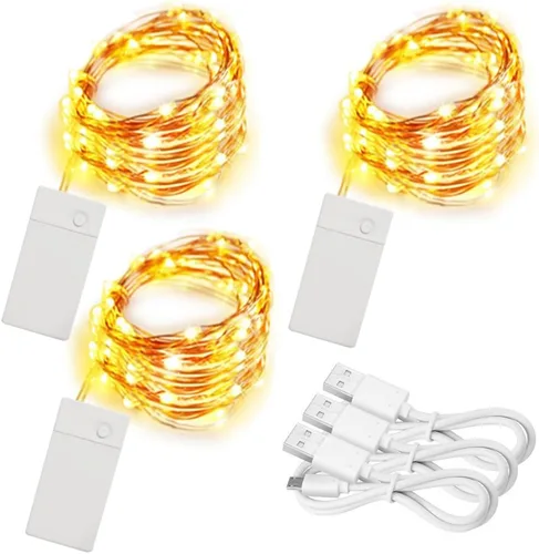 Vista 8 de Paquete de 3 luces LED recargables de 10 pies, 30 luces LED, 4 modos de Navidad, alambre de cobre recubierto de plata, iluminación estrellada