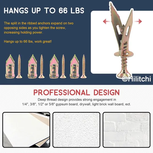 Vista 6 de Hilitchi 200 anclajes autoperforantes para paneles de yeso con tornillos, fácil aplicación, sin taladro ni agujeros en la pared, 66 libras, 0.472 x