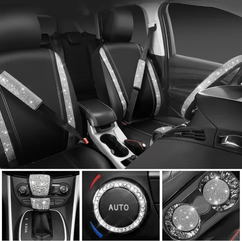 Vista 2 de CAR PASS Juego de fundas de asiento de coche con diamantes brillantes de 11 piezas, accesorios de coche con diamantes brillantes para mujer, funda