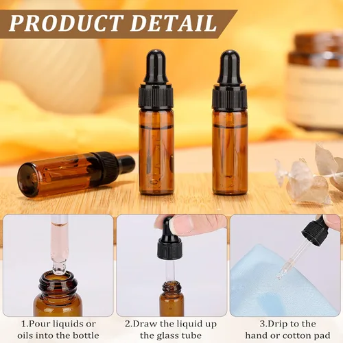 Vista 3 de Bokon 100 piezas de botellas de vidrio con cuentagotas, mini botellas cuentagotas de aceite esencial, frascos de muestra vacíos con tapa negra