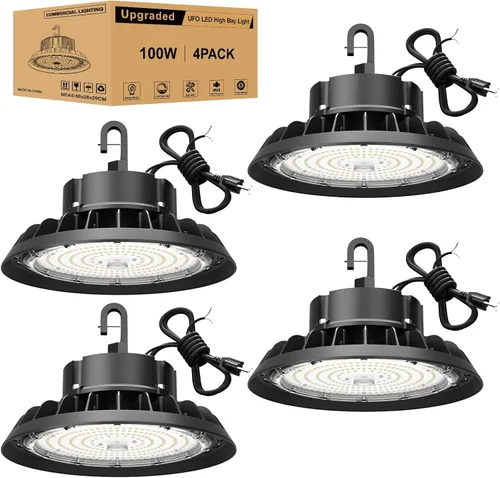 Vista 15 de UFO - Luz LED de alta bahía de 100 W, luces LED de alta bahía de 14,000LM, 0-10 V, regulable, cable de 6 pies con enchufe estadounidense, gancho