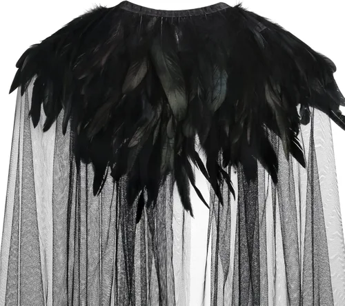 Vista 6 de Capa de Halloween para mujer, disfraz de bruja malvada Steampunk con cuello de plumas negras, capa de vampiro, disfraz de carnaval, accesorios