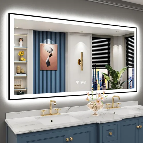 Vista 44 de Espejo de baño LED de 48 x 30 pulgadas con luces, retroiluminado + frontal iluminado, espejo de tocador con luz antiniebla para pared de baño con 3