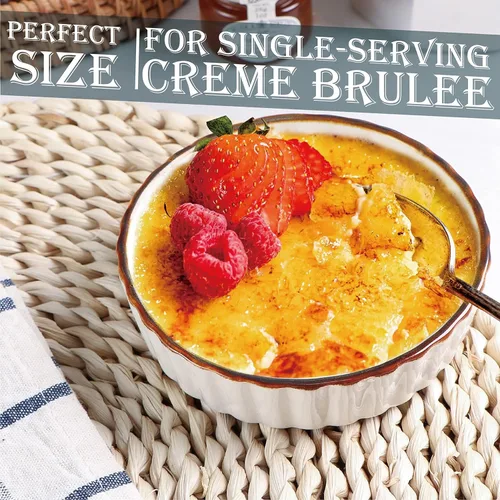 Vista 2 de Ramekins de 119 ml de ONEMORE - Ramequines poco profundos aptos para horno con borde marrón para Crema Brulee - Moteados, estriado, juego de 6