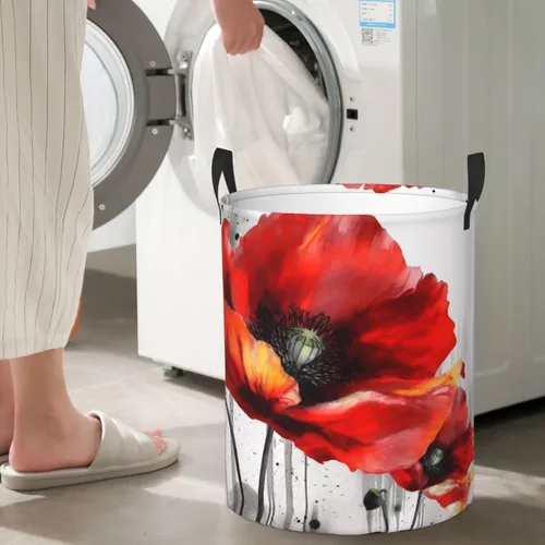 Vista 7 de Beautiful Poppy Flower Ink print Circular Hamper Waterproof Storage Bin Organizer Basket Laundry Hamper With Handles For Clothes Toys Small