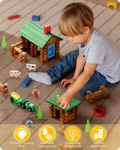 Vista 3 de SainSmart Jr. Juego de cabaña de troncos de madera para granja, juguete de casa de construcción para niños pequeños, 122 piezas Kit de construcción