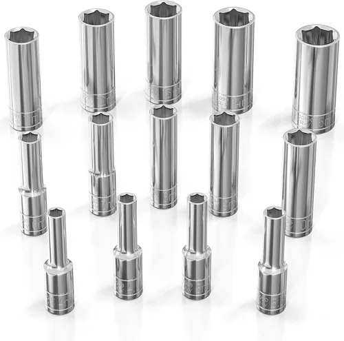 Vista 16 de Olsa Tools SAE Juego de llaves de vaso poco profundas - 1/4 pulgadas, 13 piezas - 6 puntas cromadas de 1/8" a 5/8" y tamaños sin omitir - Juego