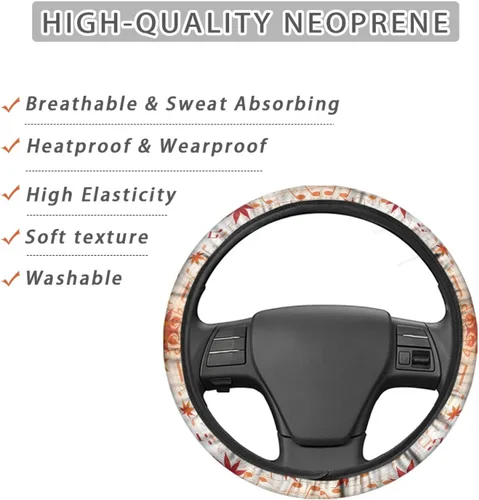 Vista 4 de HUGS IDEA Funda para volante de automóvil, diseño de hojas de otoño, ajuste universal, de neopreno, antideslizante, de 14 a 15 pulgadas, accesorios
