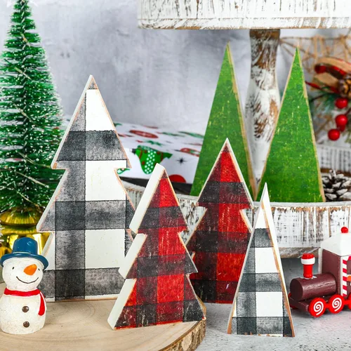 Vista 4 de Whaline 6 letreros de madera retro de árbol de Navidad, decoración de bandeja escalonada de Navidad, letrero de madera a cuadros de Navidad