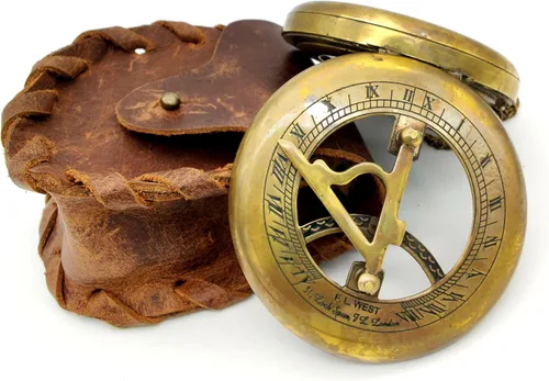 Vista 3 de Brújula de reloj de sol de latón hecho a mano con caja de cuero y cadena, brújula abierta - Accesorio steampunk - Acabado envejecido - Hermoso