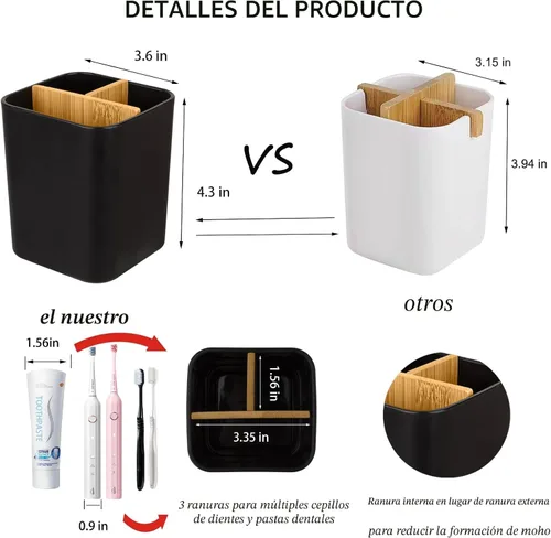 Vista 2 de Soporte de bambú para cepillos de dientes para baños, 3 ranuras para cepillos de dientes y pasta de dientes, organizador de mostrador de baño