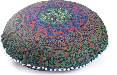Vista 2 de Popular Handicrafts Funda de cojín de suelo – Fundas de puf redondas grandes con estampado hippie – Funda de meditación, otomana, funda decorativa