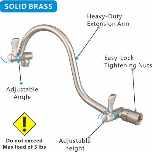 Vista 2 de Voolan Brazo de extensión de cabezal de ducha de metal, brazo de ducha ajustable de latón macizo curvado de 14 pulgadas, tubo de conexión universal