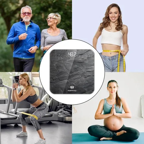 Vista 7 de Healthkeep - Báscula de baño digital, alta precisión, con tecnología Step-On, pantalla LED, diseño delgado, máx. 180 kg/400 lb, gris jaspeado