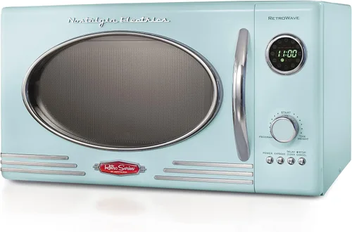 Vista 2 de Nostalgia Horno microondas retro para encimera, grande, 800 vatios, 0.9 pies cúbicos y horno digital BLACK+DECKER con puerta giratoria con botón