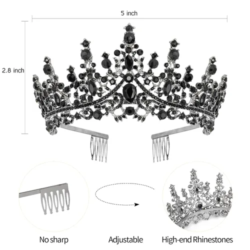Vista 7 de Velscrun Tiara de cumpleaños de cristal negro para mujeres y niñas, corona de princesa con peines, banda para la diadema de cumpleaños, decoración