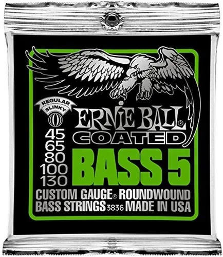 Vista 3 de Ernie Ball Cuerdas de guitarra bajo con revestimiento regular Slinky de 5 cuerdas, calibre 45-130 (P03836)