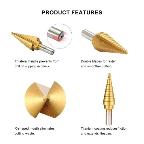 Vista 3 de Juego de 6 brocas escalonadas, 5 brocas HSS con revestimiento de titanio y perforadora central automática, 50 tamaños para taladros de múltiples