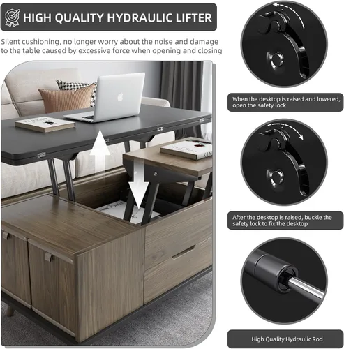 Vista 3 de Guyii Mesa de centro elevable de 38.97 pulgadas con 4 taburetes, mesa central multifuncional 3 en 1, mesa de comedor expandible para sala de estar