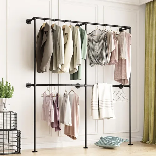 Vista 8 de Estantes de ropa de tubo dorado independientes, estante de ropa de metal moderno y resistente, fácil de ensamblar para colgar en boutiques