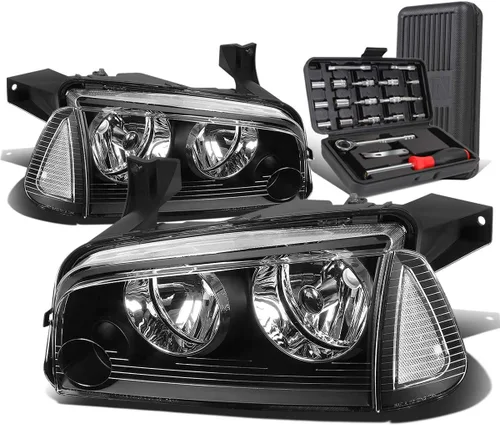 Auto Dynasty Faro de esquina transparente con carcasa negra estilo OE + lámparas de esquina+kit de herramientas compatible con Dodge Charger 06-10