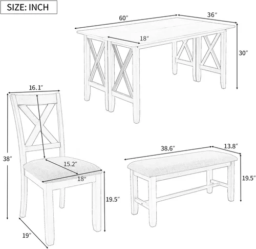 Vista 8 de Juego de mesa de comedor para 6, mesa plegable de madera maciza que ahorra espacio y 4 sillas con banco, juego de 6 piezas de mesa de comedor