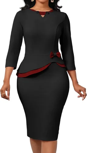 Oxgmoky Vestido de iglesia para mujer, vestido de trabajo, negocios, entallado, manga 34, cuello redondo, vestidos de lápiz