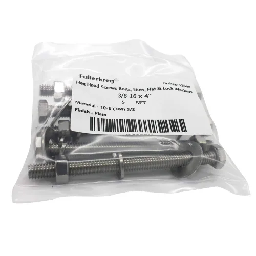 Vista 9 de Tornillos de cabeza hexagonal de acero inoxidable 3/8-16x4, tuercas, arandelas planas y de bloqueo, 18-8 (304) S/S, totalmente roscados por perno
