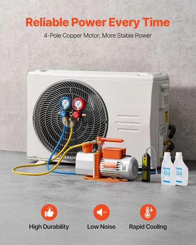 Vista 3 de VEVOR Juego de bomba de vacío y medidor de CA, 7 CFM 3/4 HP, bomba de vacío HVAC de paletas rotativas de dos etapas, kit de manómetro de colector