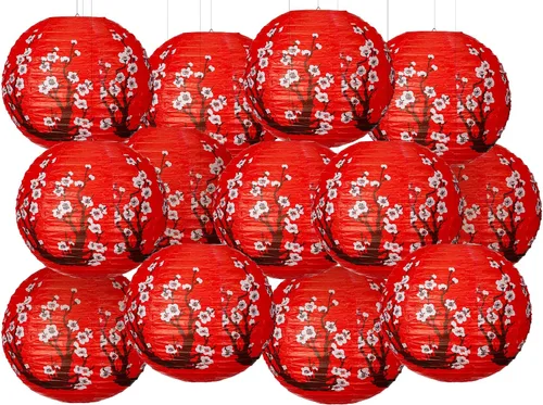 13 faroles de papel chinos japoneses de 12 pulgadas, decoraciones de fiesta Hibachi, flor de cerezo rojo, farol colgante decorativo para Año Nuevo