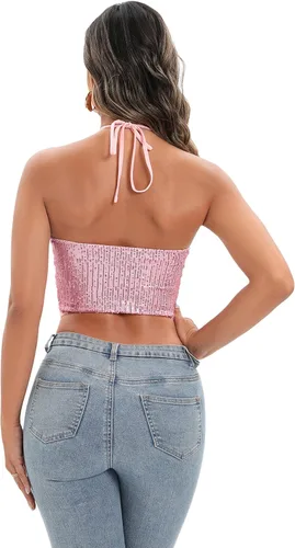 Vista 2 de ELQUCHOU Women Going Out Shiny Sexy Cute Metallic Sequin Crop Top Lace Up Halter