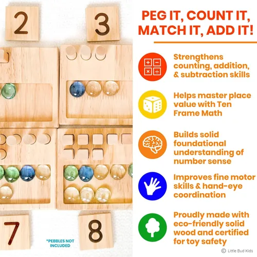 Vista 3 de LITTLE BUD KIDS Counting Pegs - Un juego de matemáticas de diez marcos con tarjetas flash de suma y resta, un juguete de matemáticas Montessori
