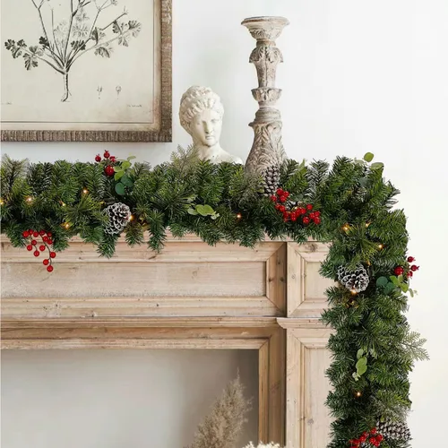 Vista 5 de Guirnalda de Navidad preiluminada de 9 pies con luces - Estilo rojo. Guirnalda preiluminada para decoraciones navideñas. Rama gruesa con 230 puntas.
