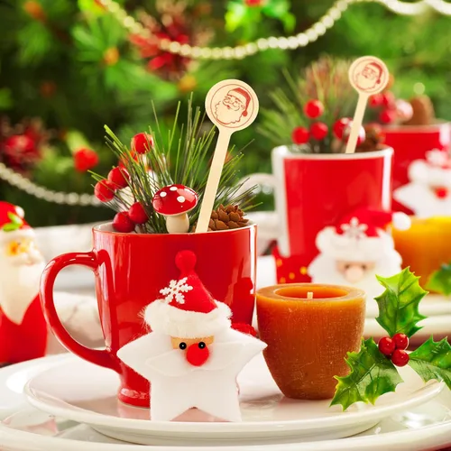 Vista 5 de 200 palitos para revolver café, 6 pulgadas, punta redonda de madera con patrón de Papá Noel, desechables ecológicos biodegradables para revolver