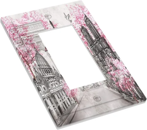 Vista 3 de París Torre Eiffel Arco de Triunfo Paisaje de la Ciudad Europea Rosa 1 Gang Single Rocker Art Wall Plate Decorativo GFCI Interruptor de Luz Cubierta