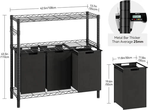 Vista 6 de IDEALHOUSE Clasificador de 3 cestas de lavandería 2024 – Cesta plegable con 3 bolsas de lavandería de 45 L y estante de almacenamiento ajustable