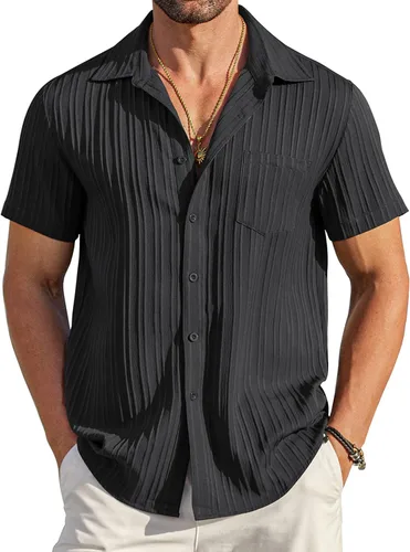 Vista 19 de COOFANDY - Camisas de botones casuales para hombre, de manga corta, con textura, camisa de playa de verano con bolsillo