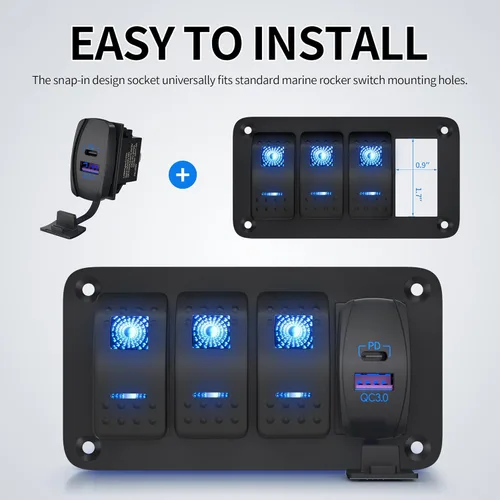 Vista 3 de DAIERTEK Interruptor basculante USB de 12 V, impermeable, USB C y QC 3.0, puertos duales, toma de cargador PD para automóvil, UTV, RZR, RV, camión