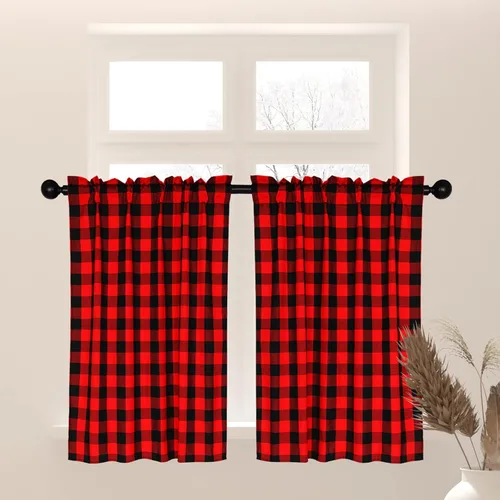 Vista 9 de 2 Piezas de Cortinas de Nivel con Cuadros Buffalo 61 Cm de Barra con Bolsillo para Café, Cortinas Medias para Ventana Pequeña, Cortinas de Cocina