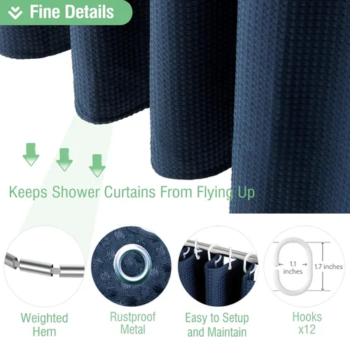 Vista 833 de Cortina de ducha de tela Dynamene verde oscuro - Cortinas de baño de tela de nido de abeja texturizadas resistentes, juego de cortinas de baño