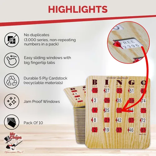 Vista 4 de MR CHIPS Tarjetas de bingo a prueba de atascos con ventanas deslizantes, paquete de 10 unidades más baraja de tarjetas de llamadas