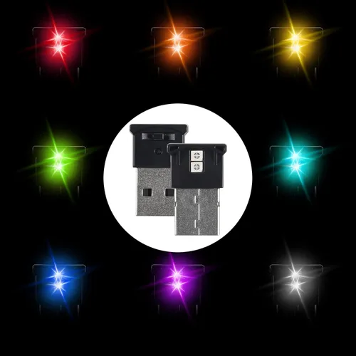 Vista 3 de 2 mini luces LED USB, 8 colores ajustables y brillantes, iluminación interior LED RGB para automóvil, luz de ambiente inteligente DC 5 V, luz